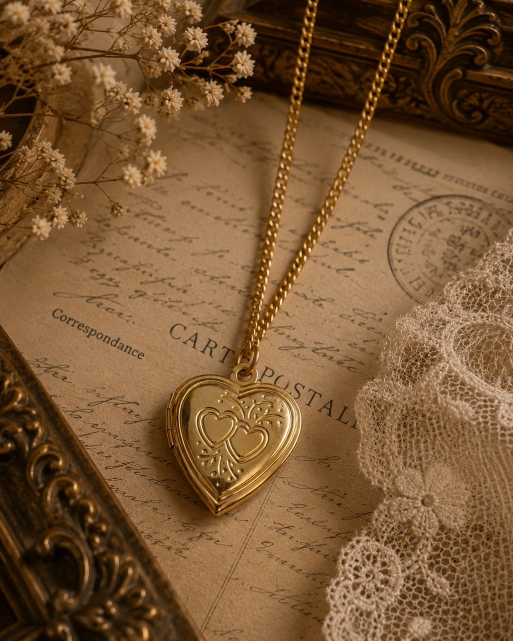 Vintage Heart Locket Necklace Gold Tone Double Heart Photo Pendant 1980s