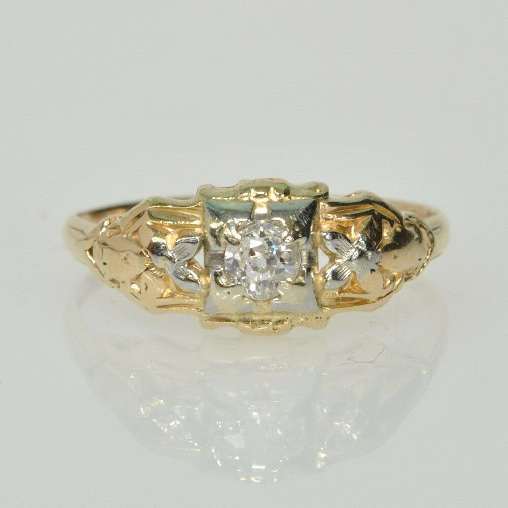 Vintage Antique 14k Yellow Gold 1/8Ct European Diamond Right Hand Estate Ring