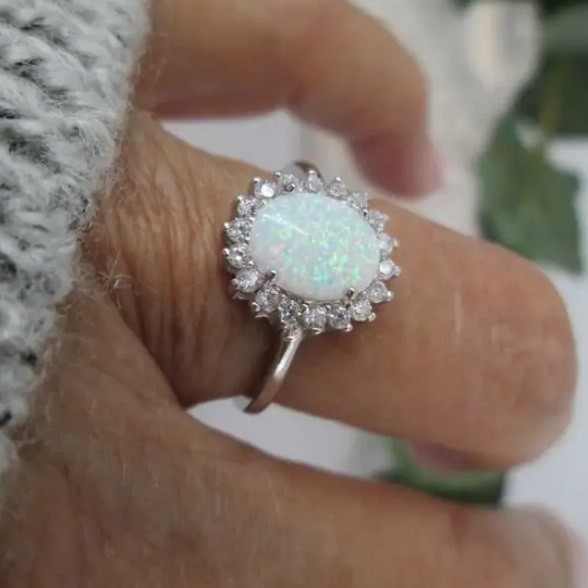 Elegant 925 Sterling Silver Rainbow Opal Charms Engagement Wedding Ring Size 6.5