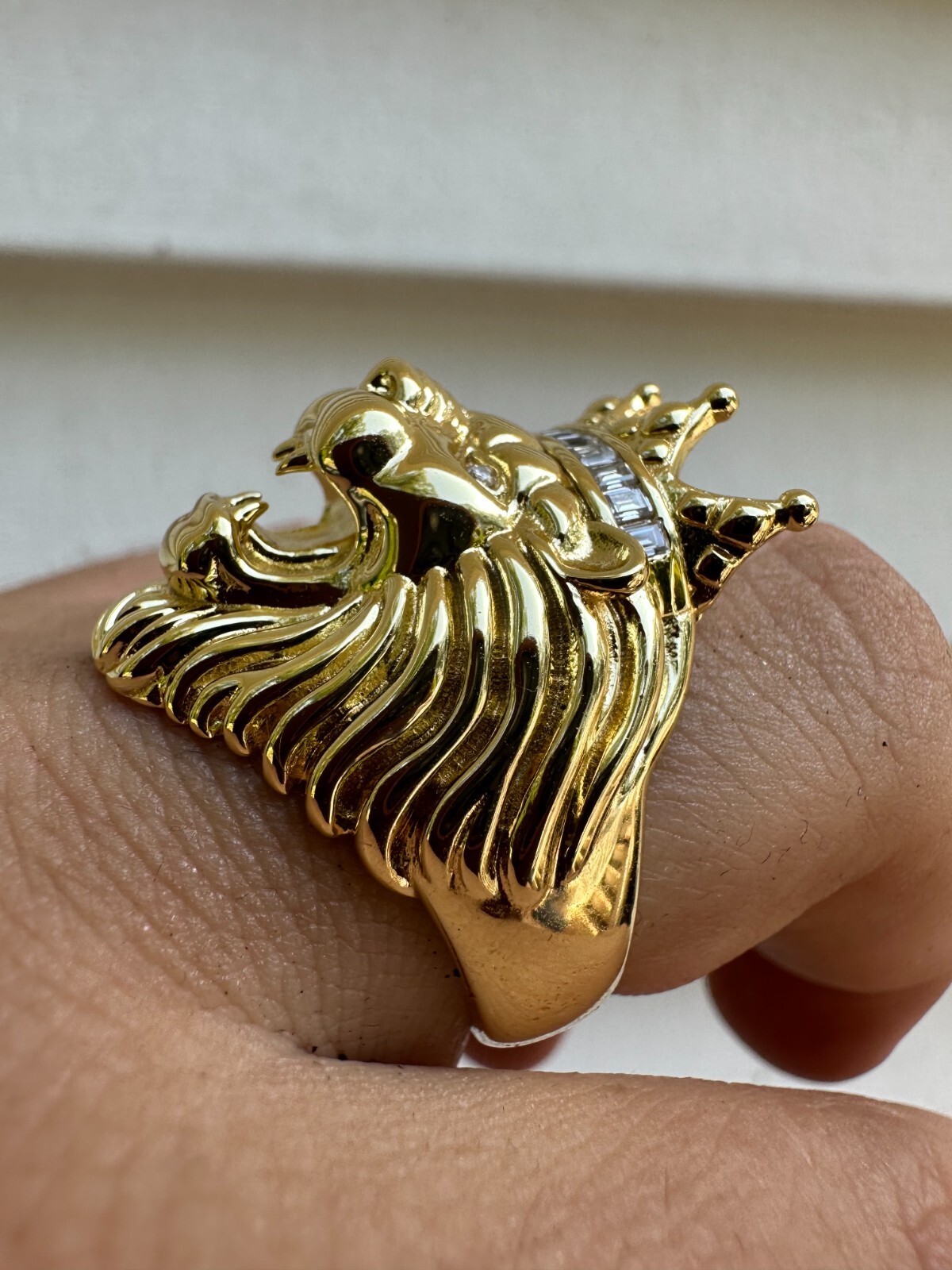 Lion W. Moissanite Baguette Crown 3D Mens Ring – 14k Gold Over Real 925 Silver