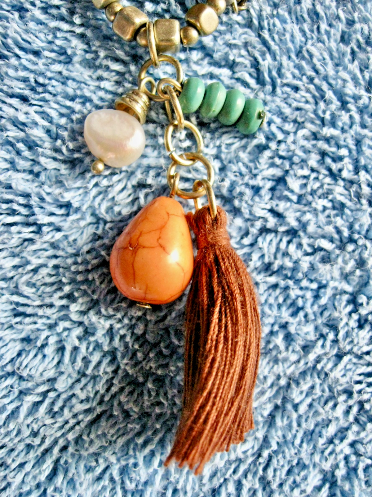 “T” Logo FLOATING 3 STRAND Orange Turquoise Beaded Necklace; Chain; Cord Lobster