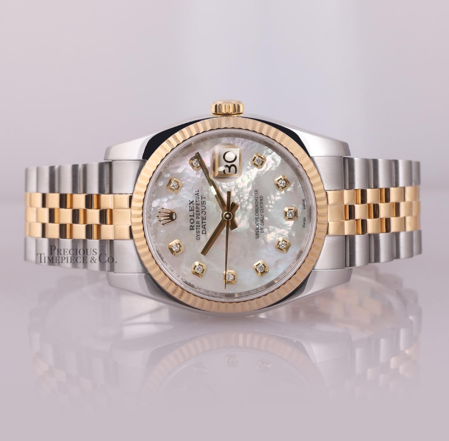 Rolex Datejust 36mm 116233 Two-Tone Jubilee 18K Fluted White MOP Diamond Dial ao