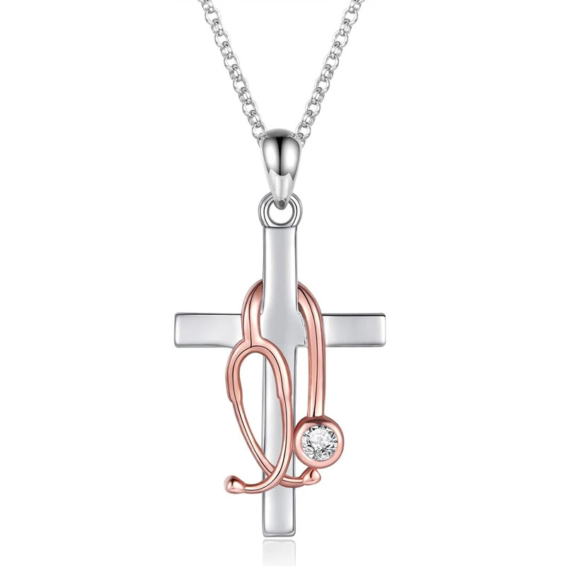 Stainless Steel Stethoscope Cross Necklace for Women Medicine Pendant Jewelry