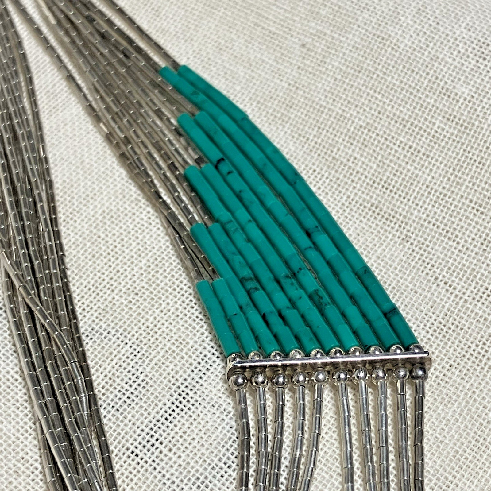 Vintage 10-Strand Liquid 925 Silver & beads with Turquoise heishi Necklace 12.5″