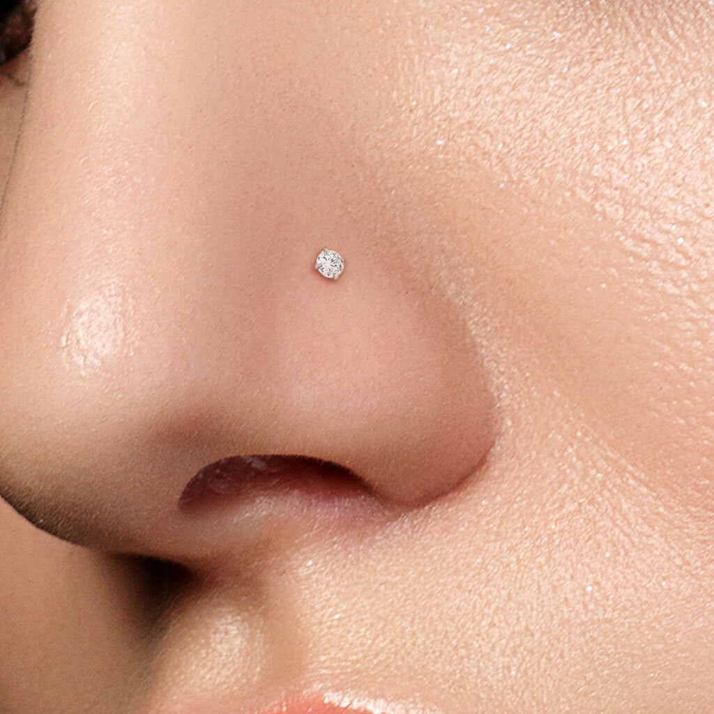 14K Solid Yellow Gold Bar Nose Stud Diamond ,Bone End 20 Gauge 7mm