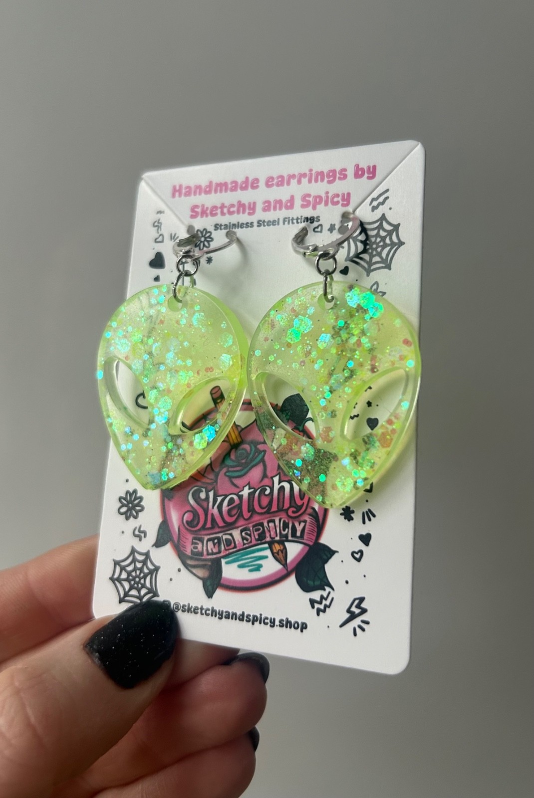 Glow in the Dark Alien Head Earrings – Neon Glitter Resin – Stainless Steel