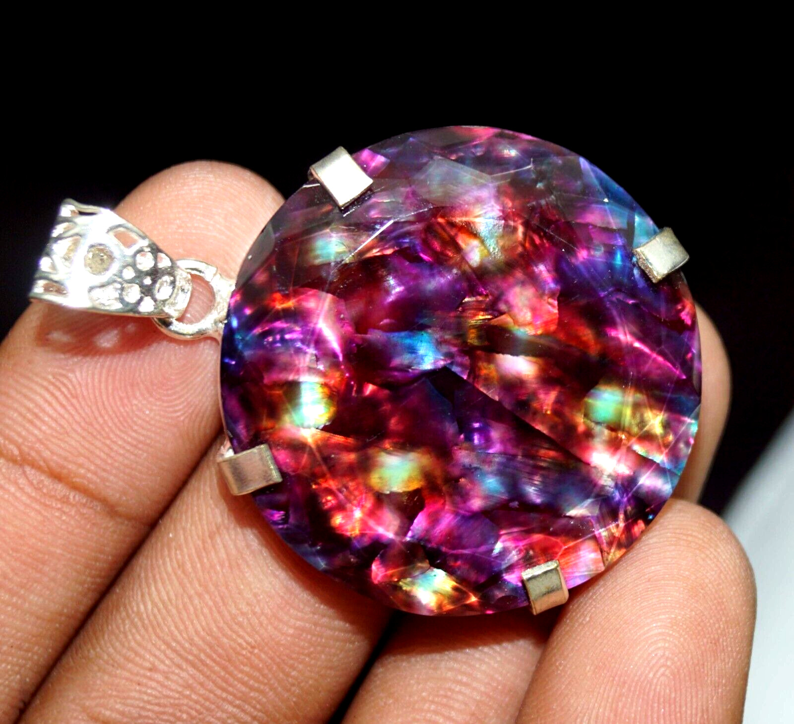 Certified 80.85 Ct Natural Ammolite 925 Silver Round Cut Pendant Loose Gemstone