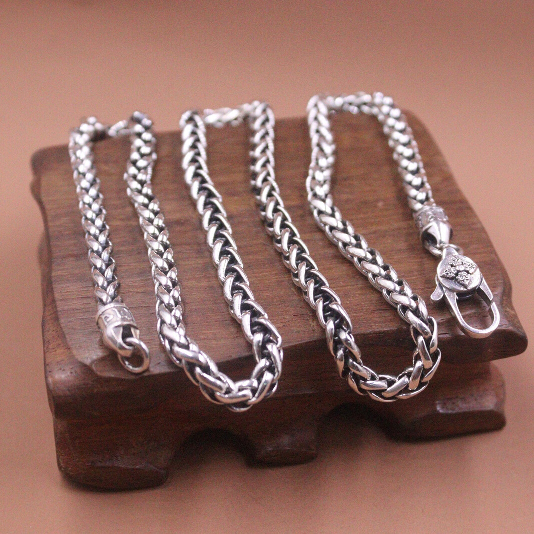 Pure S925 Sterling Silver Chain Women Men 5mm Round Wheat Link Necklace 22inchL