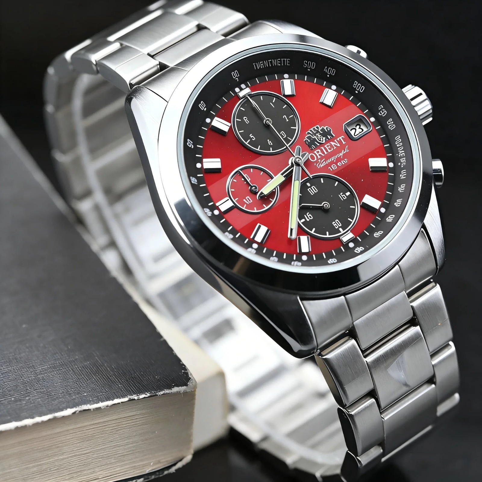 Orient Men’s Chronograph Wristwatch 100M Waterproof Red Dial Sport Watch Mens