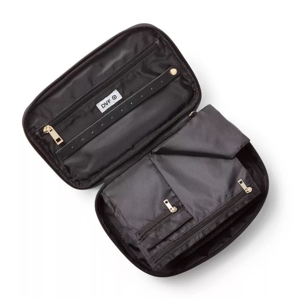 Diane Von Furstenberg Black & Gold Weave Print Jewelry Organizer Zippered Bag