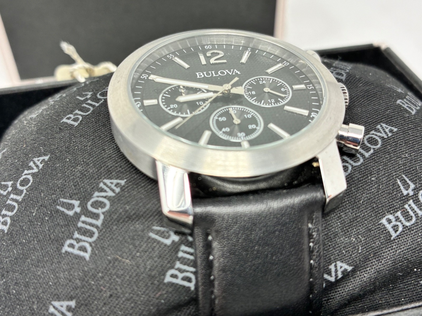 Bulova Men’s Sport Chronograph Watch Black Dial Leather Strap 96A159