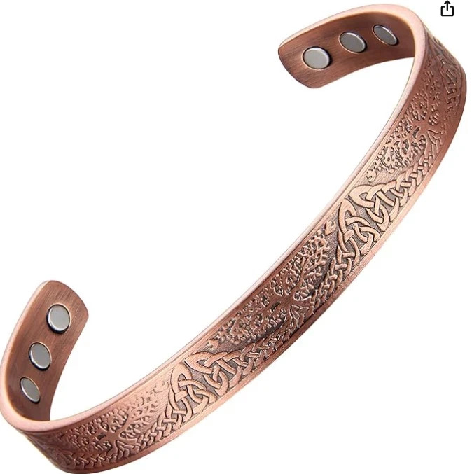 Pure Copper Magnetic 9mm Bracelet Solid Copper 6 Magnets Cuff Tree of Life