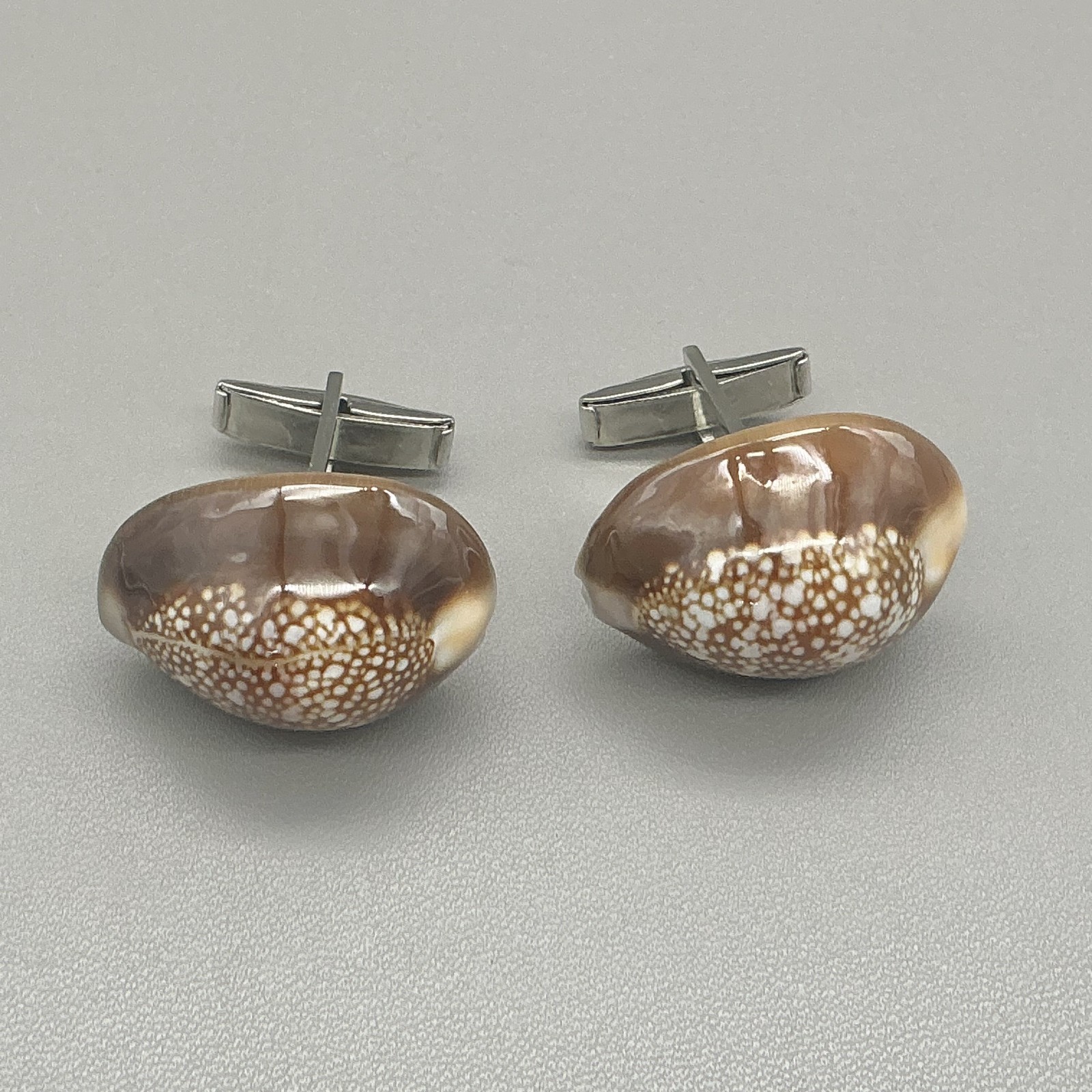 Cowrie Shell Cufflinks Men’s Natural Seashell Brown White Silver Tone Coastal