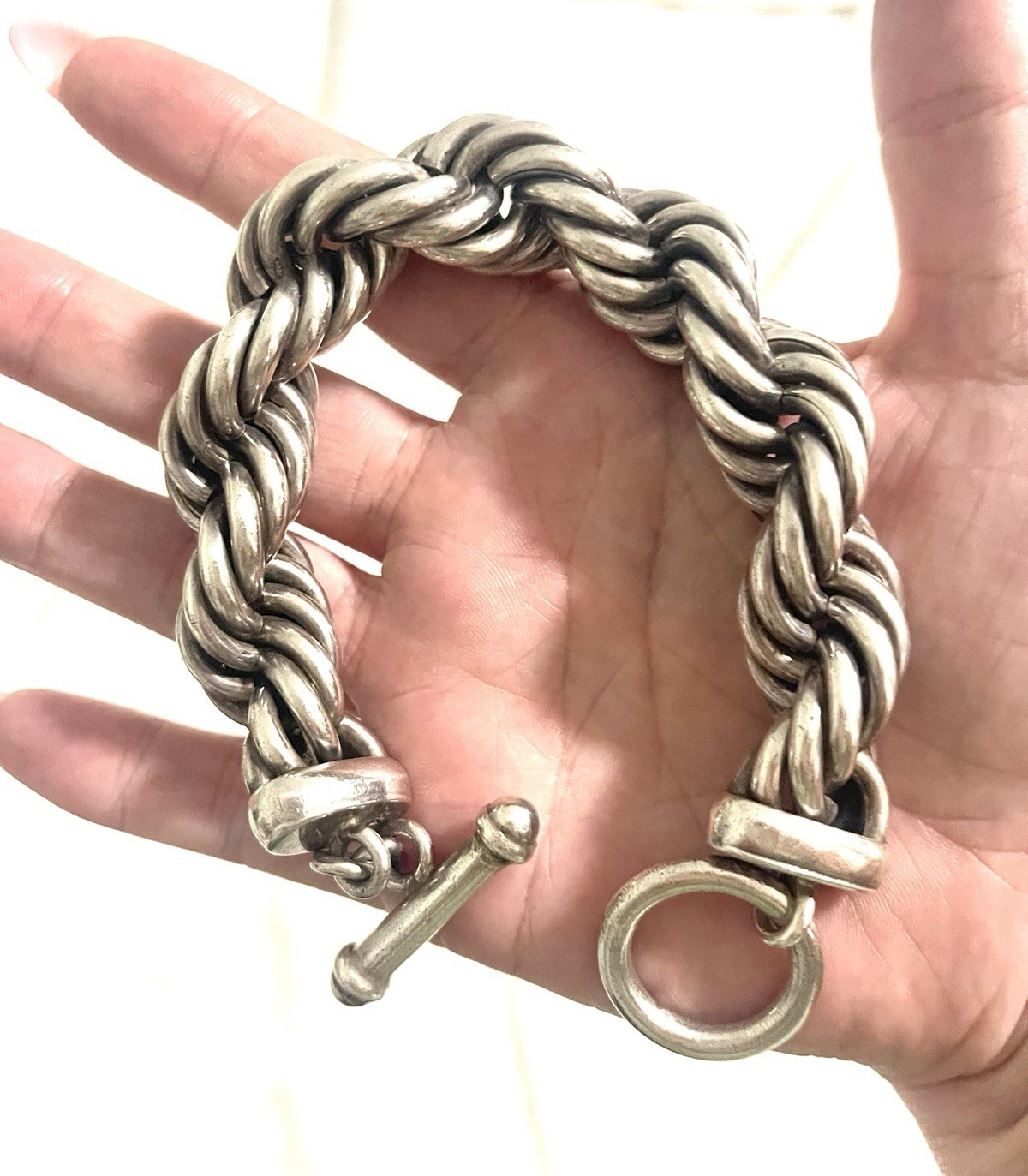 Massive Vintage Taxco Mexico 950 Silver Heavy Twisted Rope Toggle Bracelet 127g