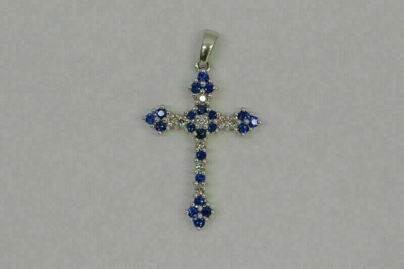 1.20Ct Round Cut Blue Sapphire Cross Pendant 14K White Gold Finish Free Chain