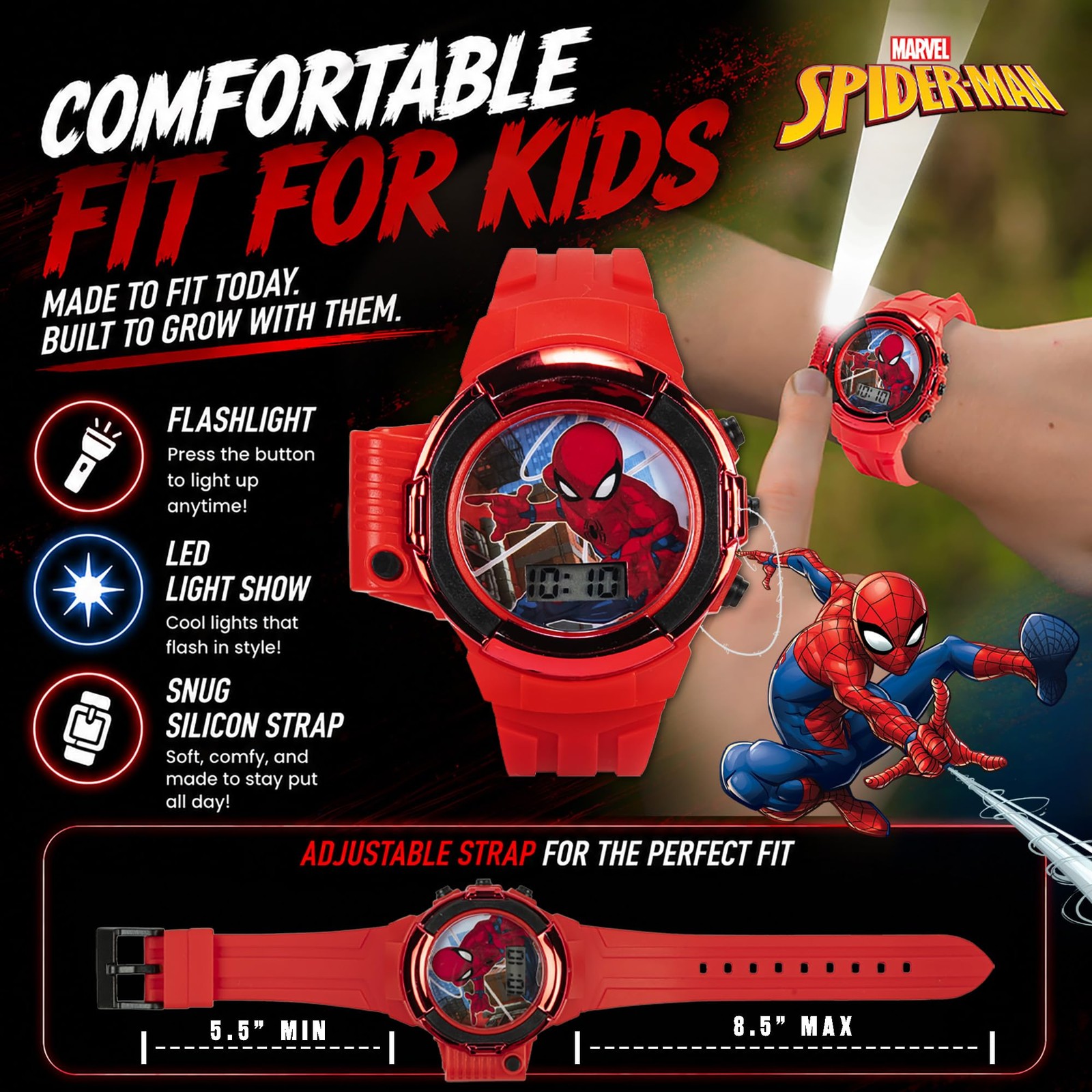 Marvel Spider-Man Flashlight Watch for Kids – Light-Up Fun with LCD Display, LED