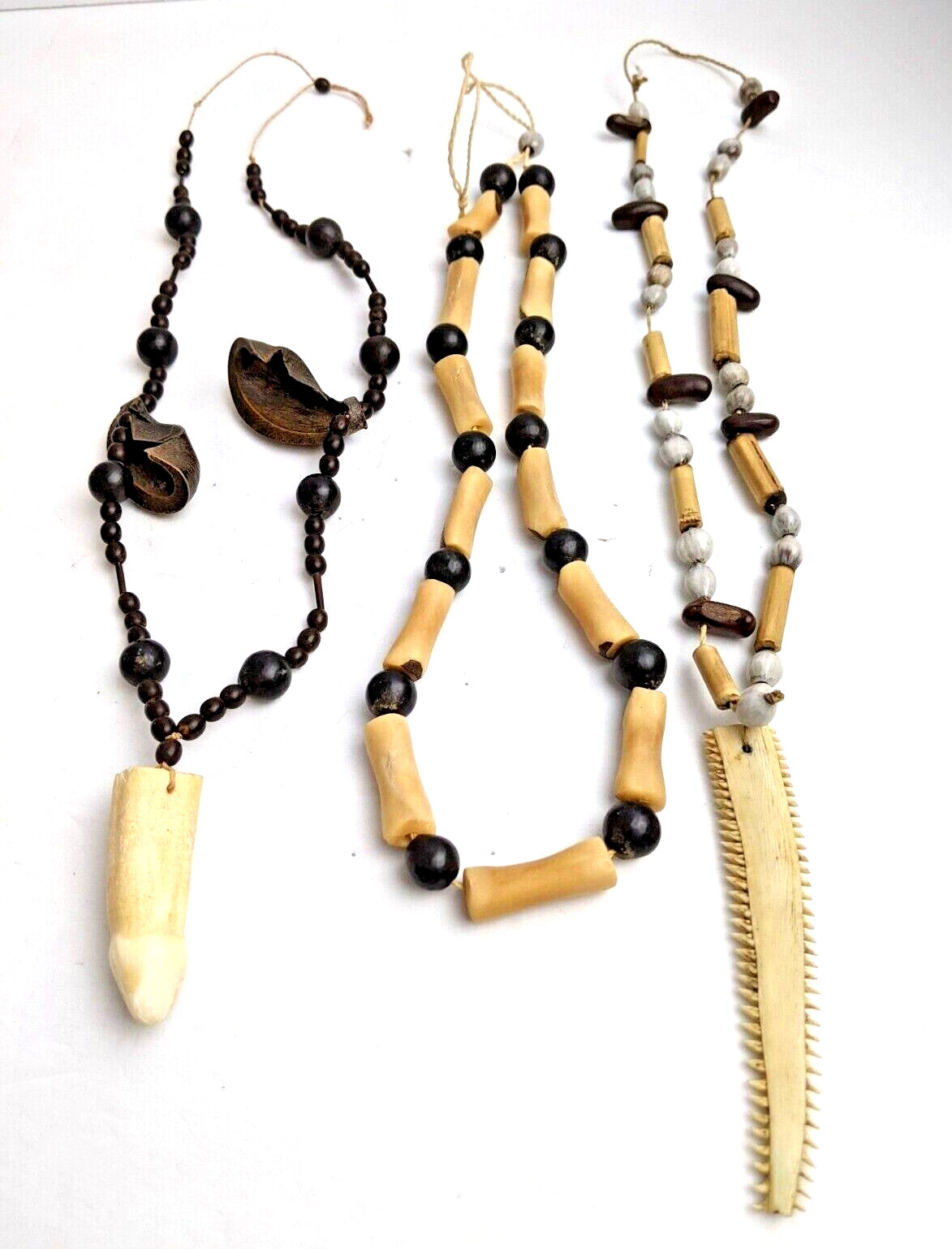 3 Vtg South American Tribal Necklaces Penis Bone Jaw Bone, Seeds, Bamboo, Nuts
