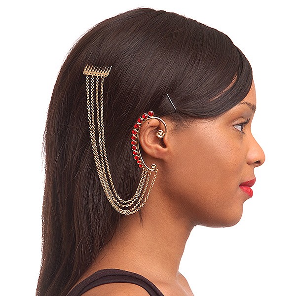 1 Pc Red Crystal Ear Cuff With Comb In Gold Plating – Only For The Right Ear