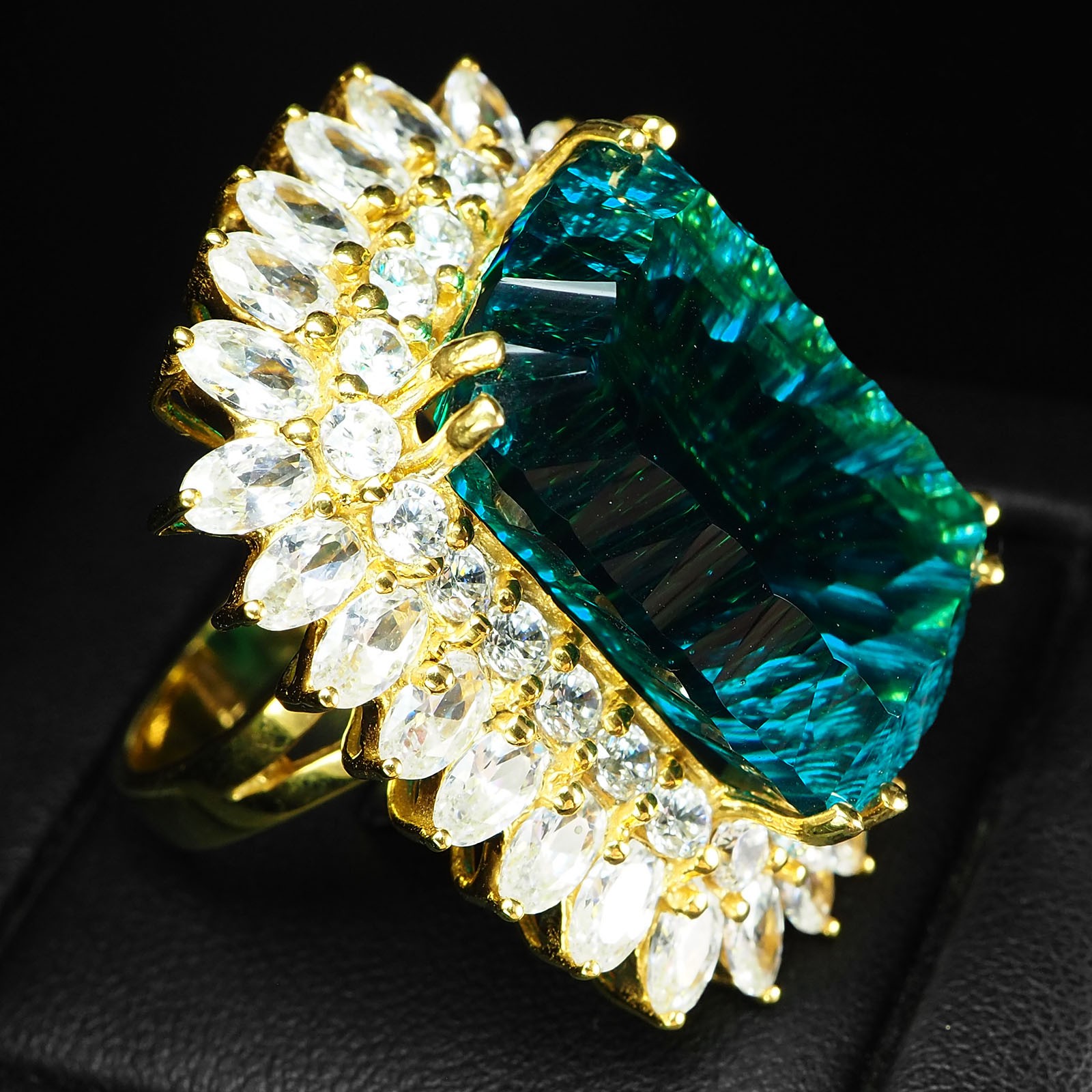 Blue Green Tourmaline Concave 33.5Ct 925 Sterling Silver 24K Gold Ring Size 6.75