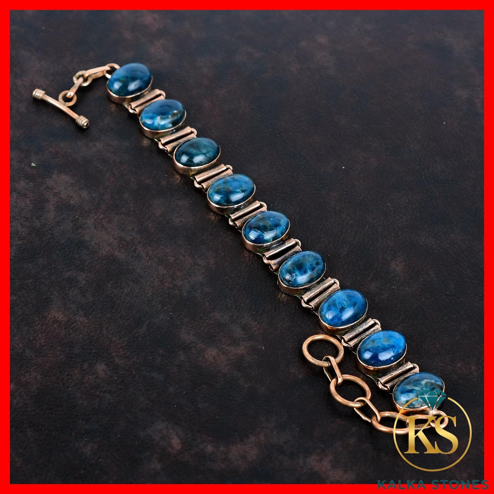 Copper Oval Neon Apatite Stone Bezel Chain Art Deco Unique Boho Bracelet Jewelry
