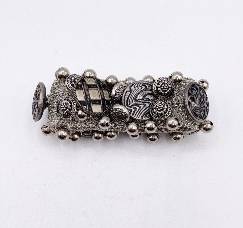 Artisan Layered Silver Tone Button Charm Wide Mesh Cuff Bracelet Boho Western