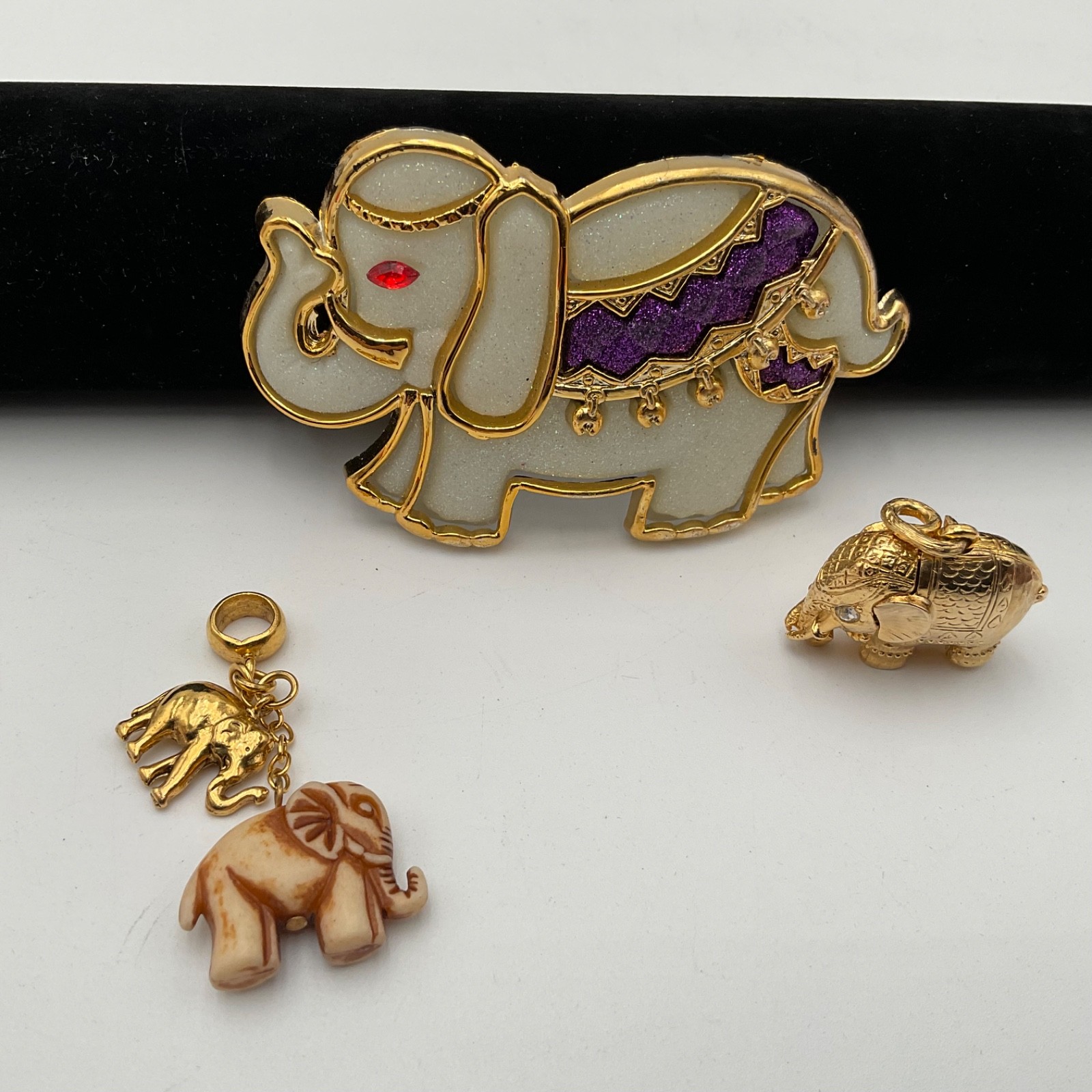 Vtg Elephant Jewelry Lot Pendant, Charms, Enamel Taiwan Hair Barrette