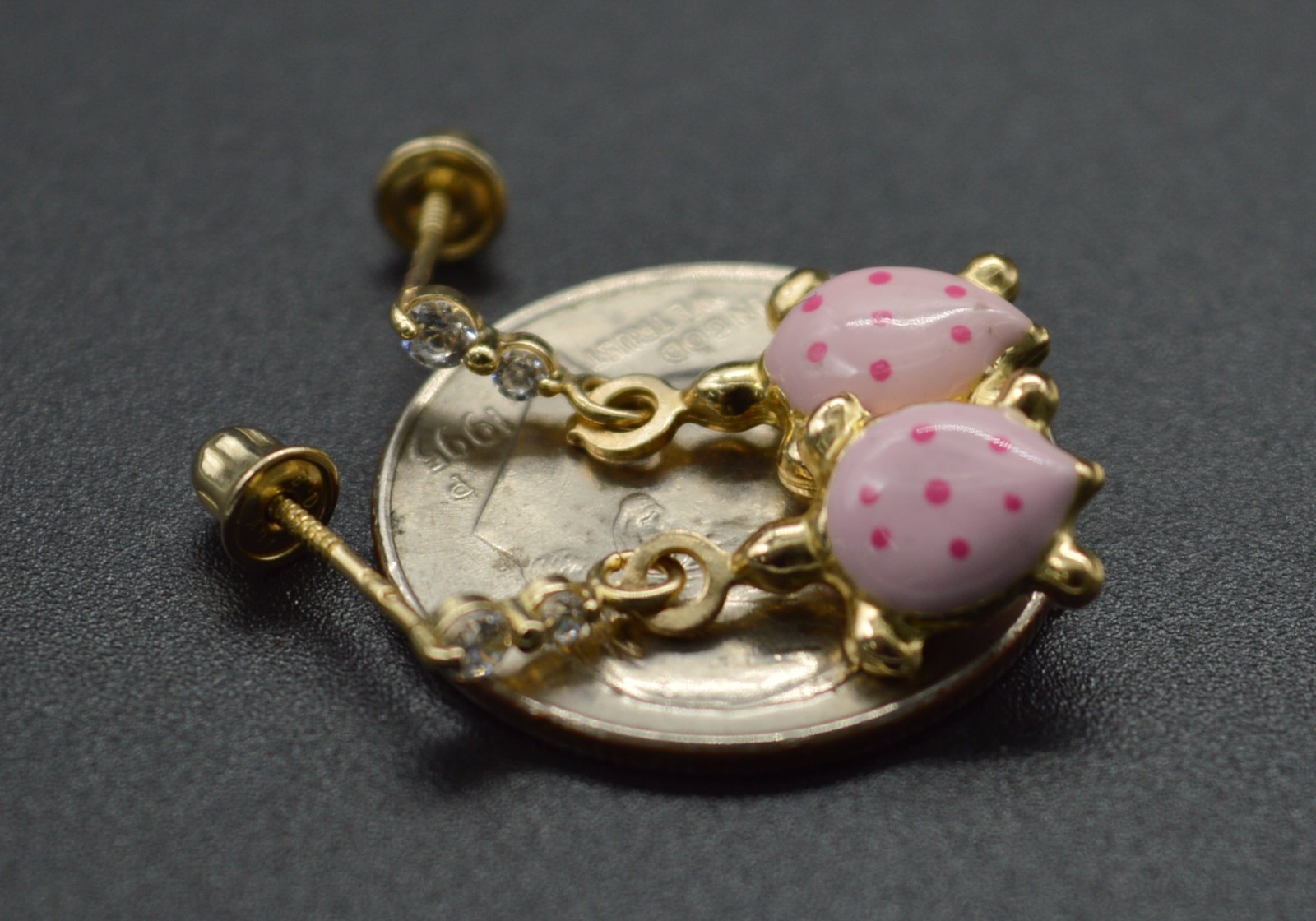 JM147 Enamel Pink Turtle 14K Solid Yellow Gold Dangle Screw-back Earrings