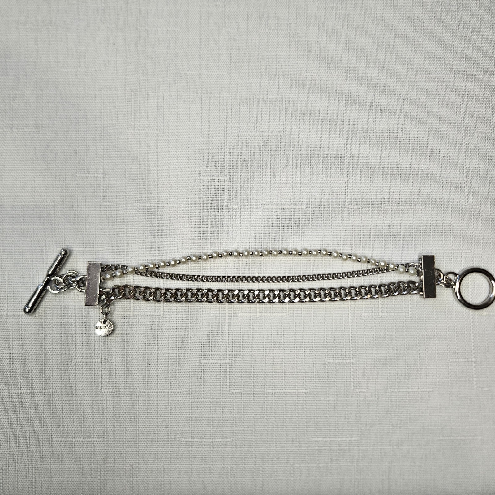 Mimco Signed Silver-Tone Multi-Strand Curb Link Faux Pearl Toggle Bracelet