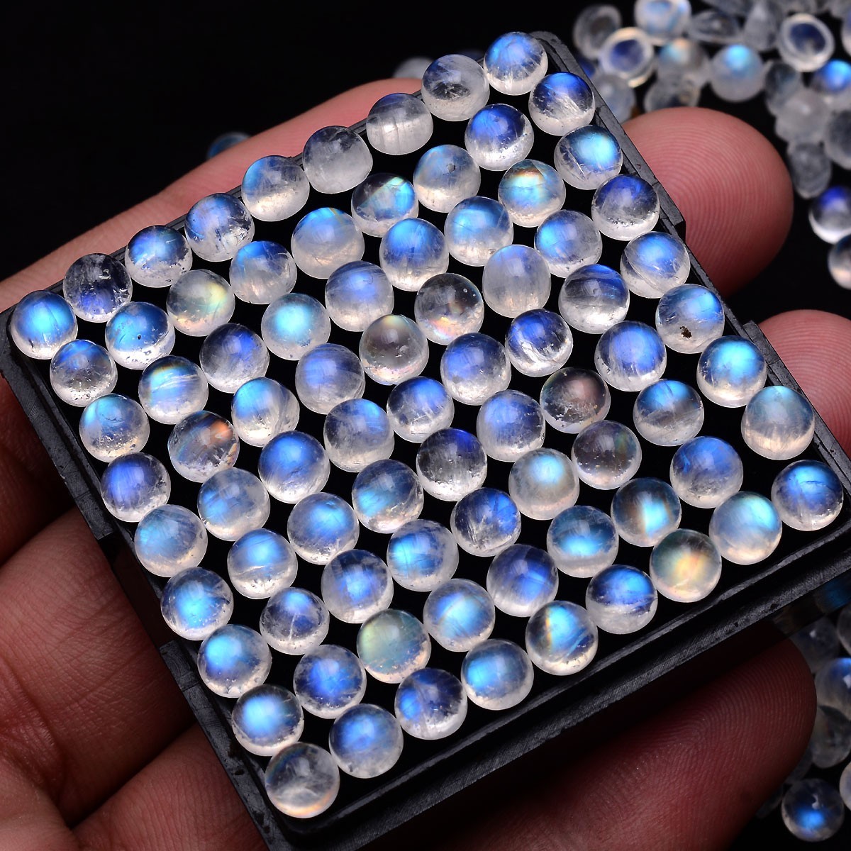 27 Pcs Natural Rainbow Moonstone 5mm Finest Quality Round Cabochon Gemstones Lot