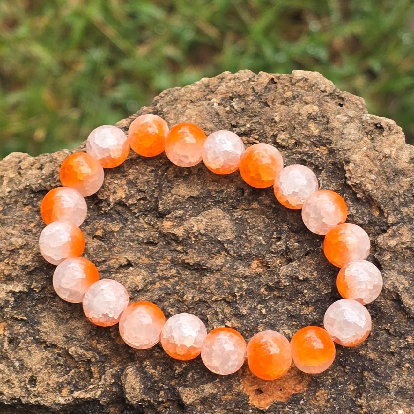 Orange & White Art Glass Stretch Bracelet | Frosted Crackle Effect Round Beads