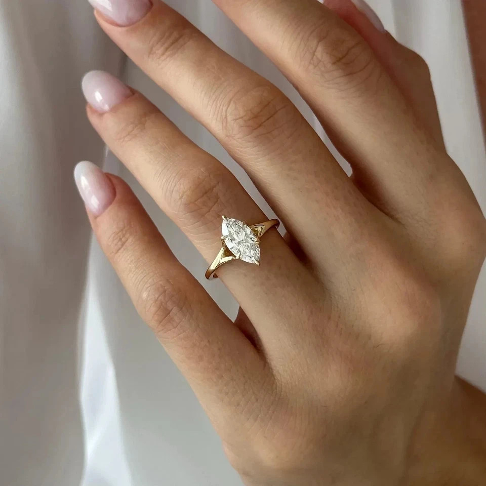 Marquise Diamond Wedding Ring 1.50 Ct Lab Grown IGI E F VVS CVD 14k Yellow Gold
