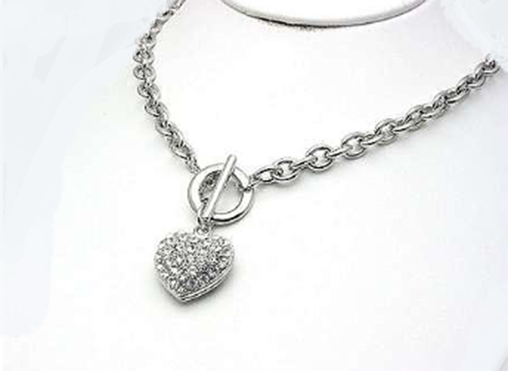 DESIGNER INSPIRED 16 in CLEAR CRYSTAL PUFFED HEART TOGGLE SILVER JEWELRY SET NEW
