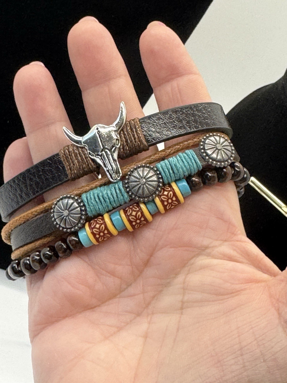 Adjustable Western Faux Leather Pull Cord Adjustable Bracelet Bull Skull Charm