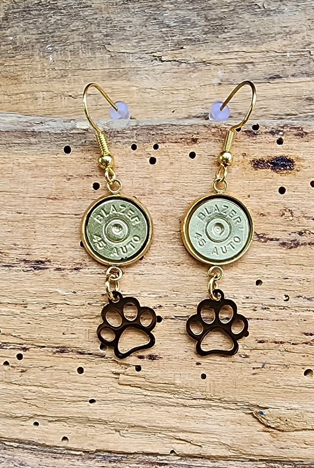 Gold Stainless Steel Dangle Bullet Earrings with Paw Charms. Optional Color