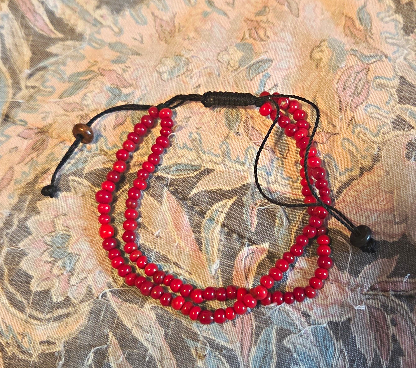 Red & Black Round Beaded Bracelet Adjustable Brown Ball/Bead Waxed String