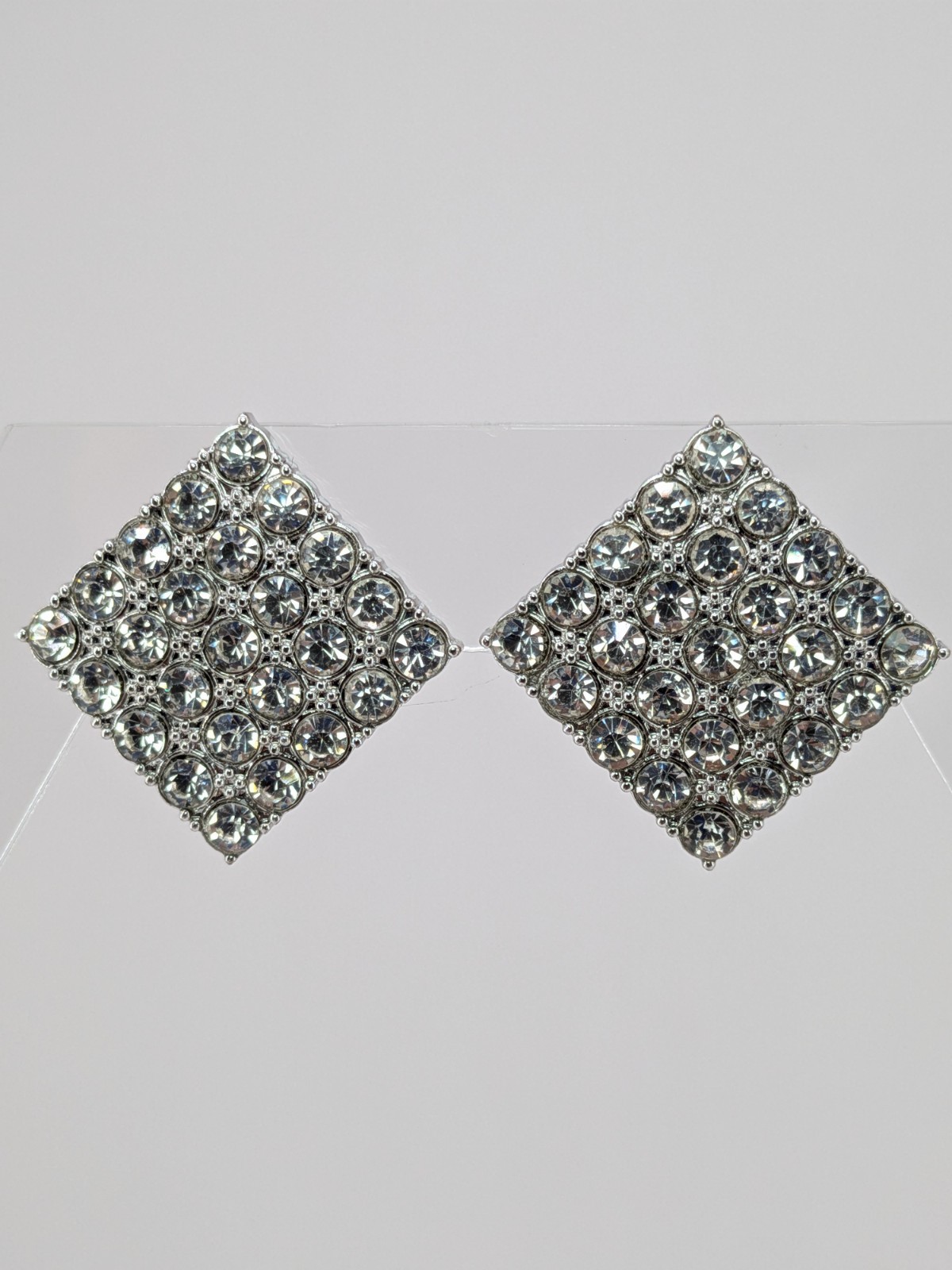 Vintage Rhinestone Stud Earrings Silver Tone Diamond Square Pave 15/16in Clear