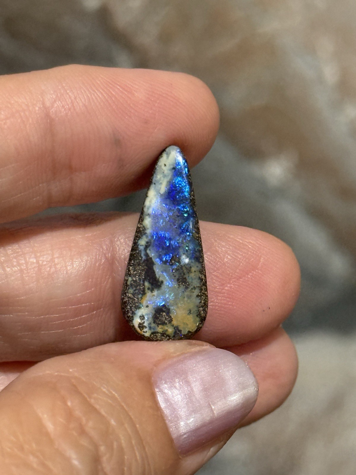 9.35ct 24x10x5mm Flashy Dark Blue Natural Boulder Australian Opal Drop Cabochon
