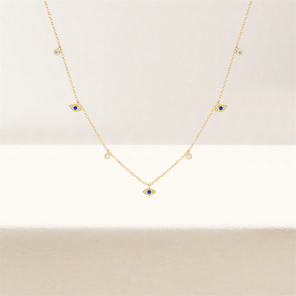 Gold Plated 925 Sterling Silver Blue CZ Evil Eye Station Necklace for Women