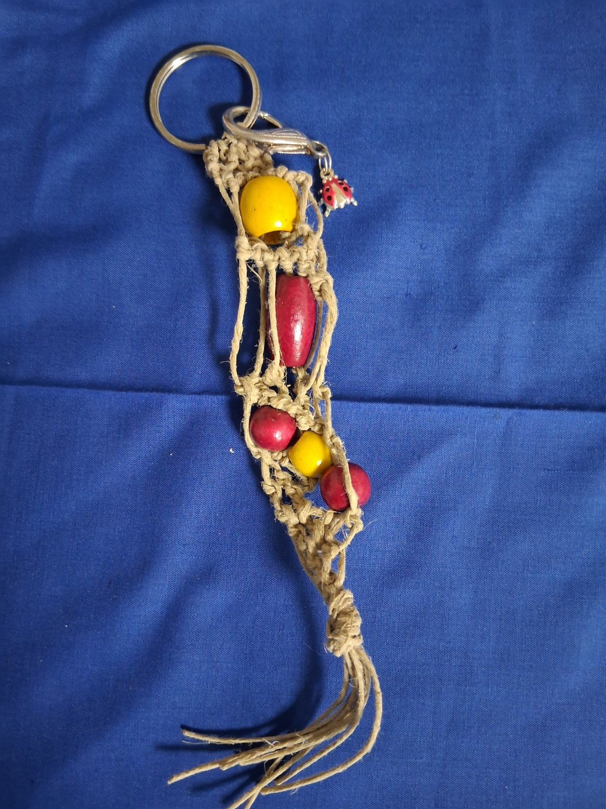 Key Chain, Vintage, Beaded, Macrame, Lady Bug Charm