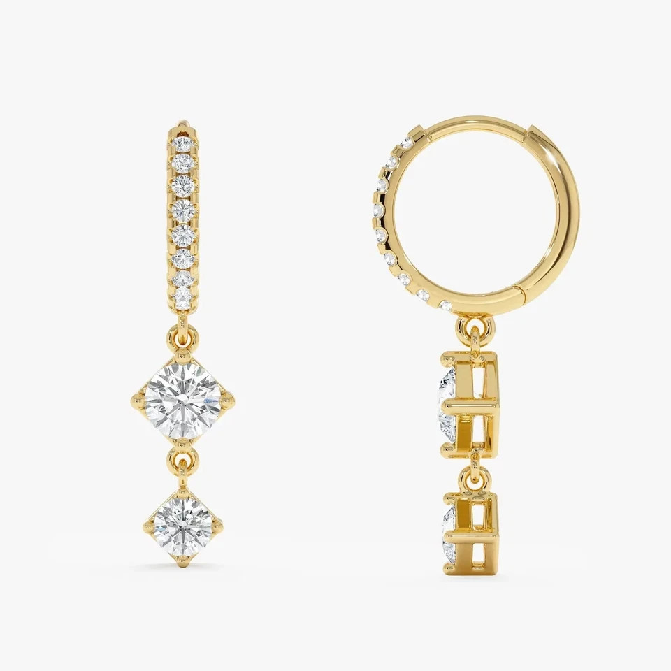 Unique Gift Round Lab Grown Diamond Dangle Drop Cluster Earrings 14k Yellow Gold