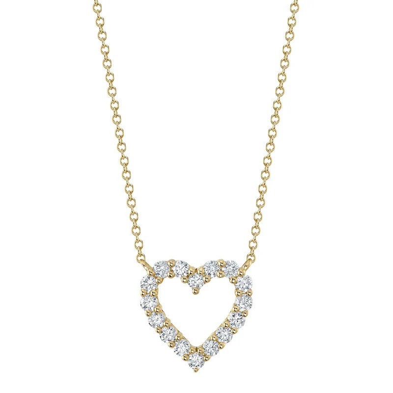 14K Yellow Gold Diamond Open Heart Pendant Necklace Round Pave Necklace Womens
