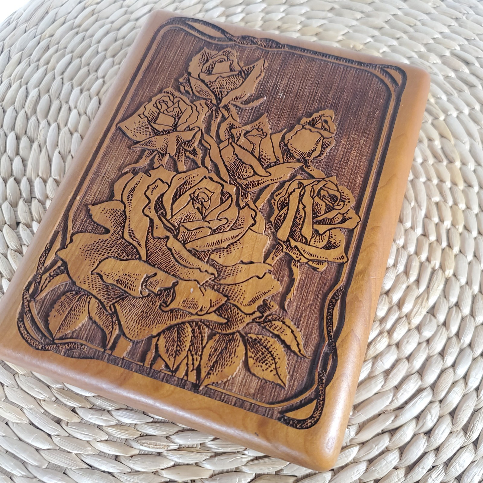 Vintage LAZ-ART Handcrafted Laser Hardwood Rose Jewelry/Trinket Box Red Liner