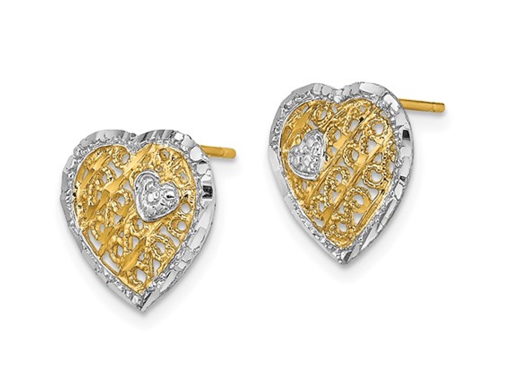14K Yellow and White Gold Filigree Heart Post Earrings