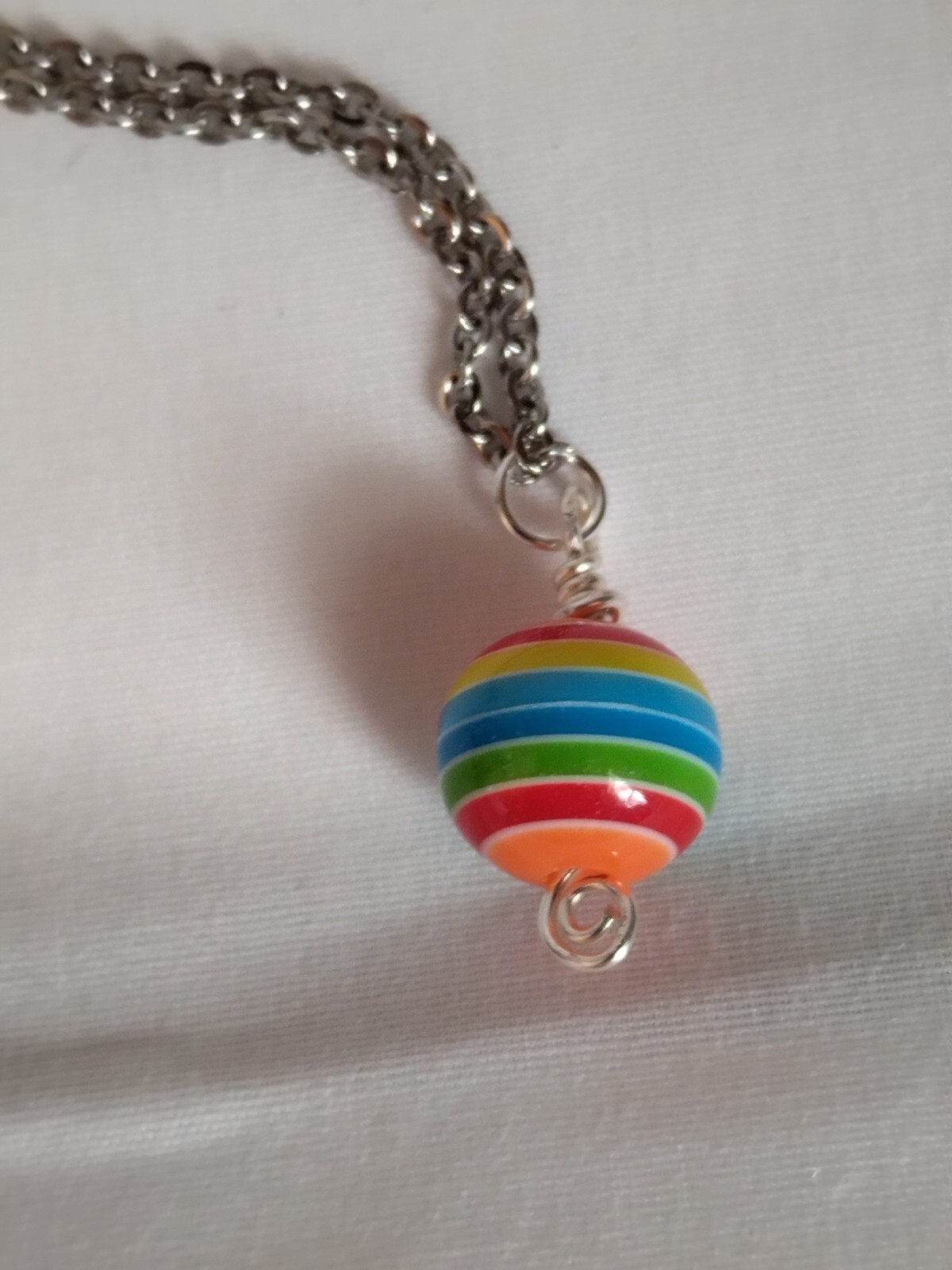 Rainbow Stripe Resin Bead Pendant Necklace Handmade Stainless Steel Chain
