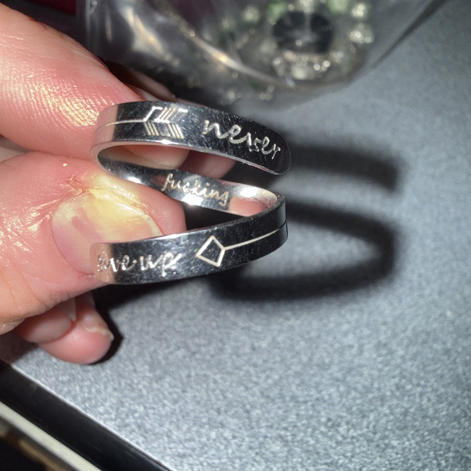 Silver Toned Inspirational Ring “Never F$$king Give Up-Size 7