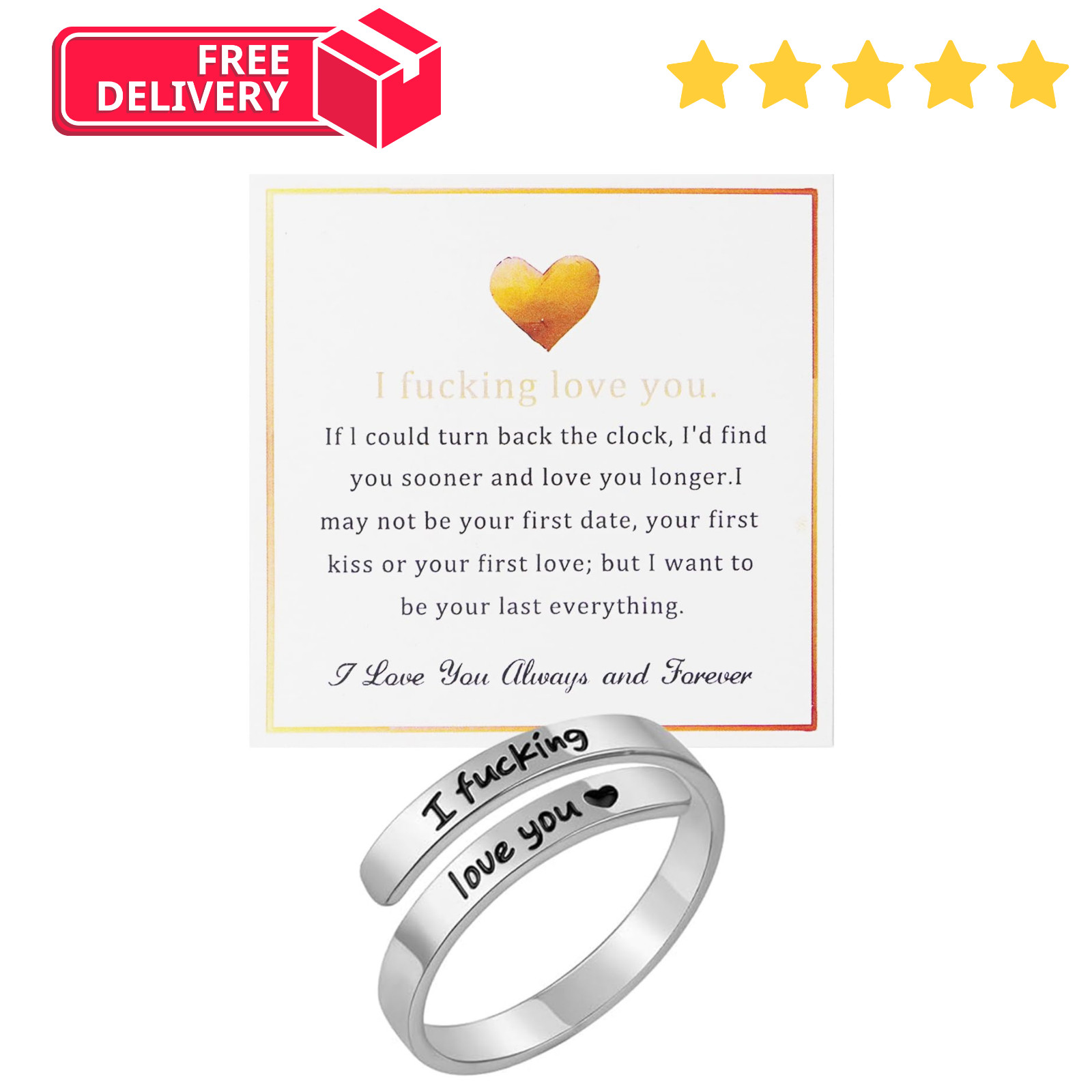 I F♡Cking Love You Ring for Women, Hope Rings Adjustable Stainless Steel Silver
