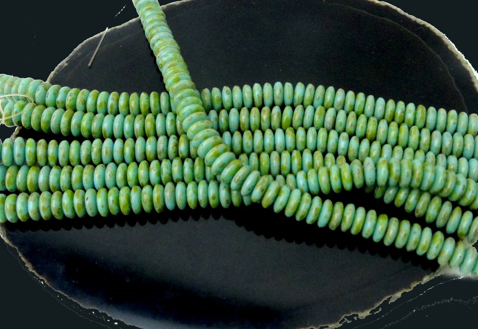 50 Czech Glass Rondelle Beads – Green Turqouise – Picasso 6x2mm