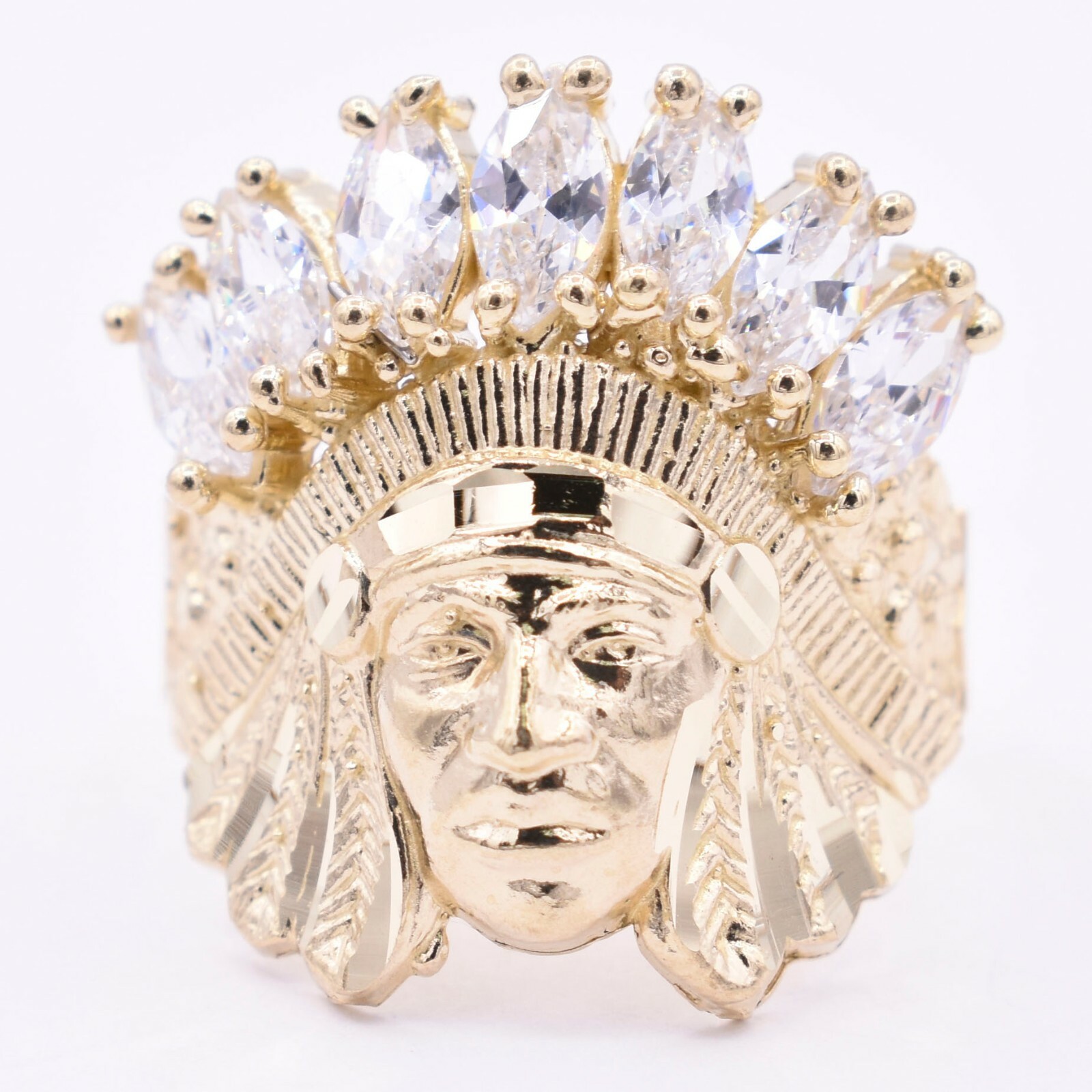 Men’s Native American Indian Head All White CZ Solid 10K Yellow Gold ALL SIZES