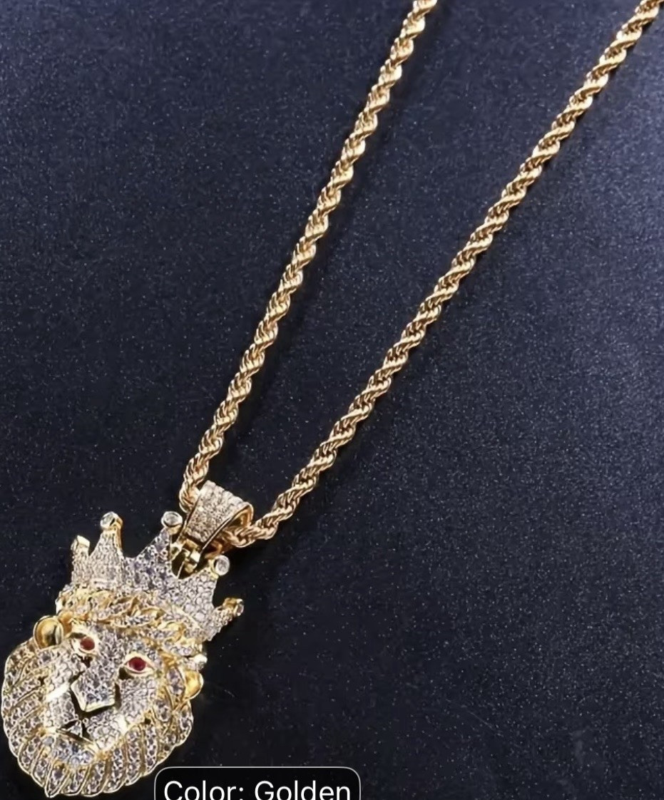 Gold Tone Rope Chain Lion Head Crown Pendant Pavé Clear Crystal 23.62in