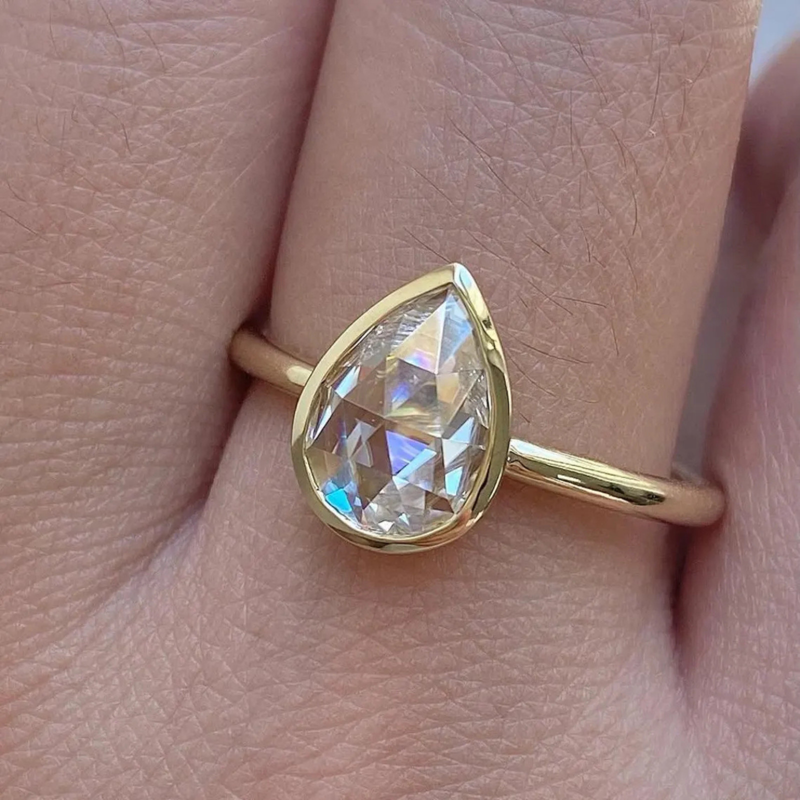 1.50 Carat Pear Rose Cut Bezel Lab Grown Diamond Solitaire Engagement Ring